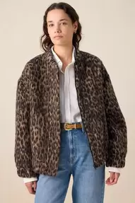 Bruine wollen bouclé jas met leopard print