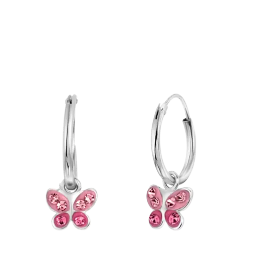 Zilveren kinderoorbellen vlinder roze kristal