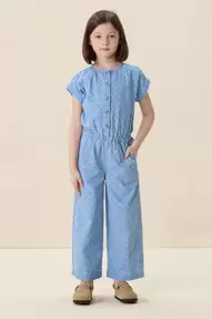 Blauwe denim jumpsuit met print