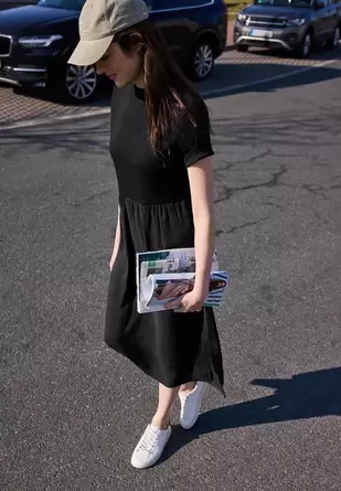 Midi-jurk met ronde hals en structuurmix