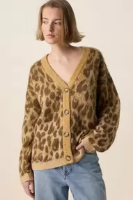 Bruin jacquard vest met leopard print