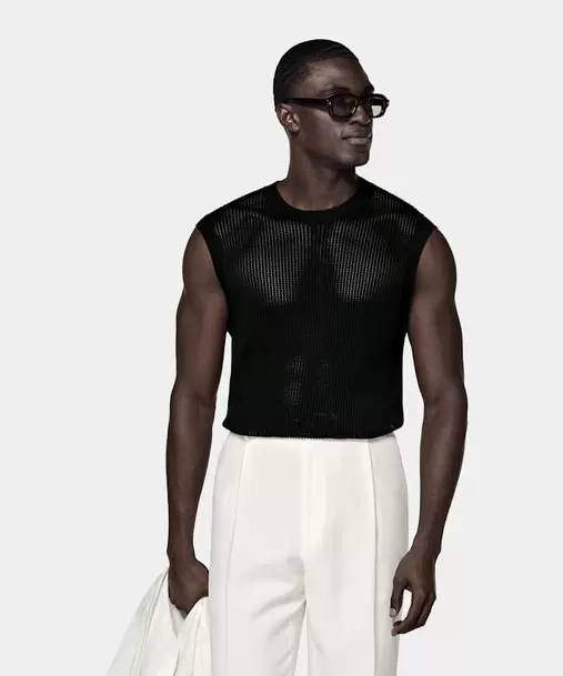 Black Crochet Sleeveless Crewneck