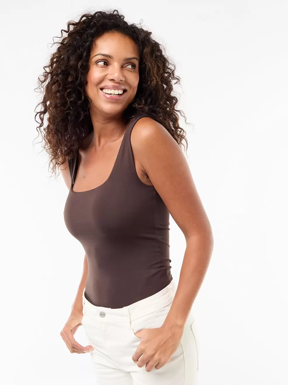 T-shirt van stretchtricot met vierkante hals