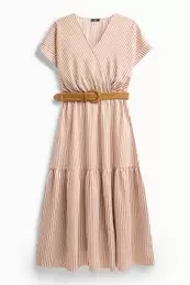 Jurk met ceintuur en V-hals - gestreept
