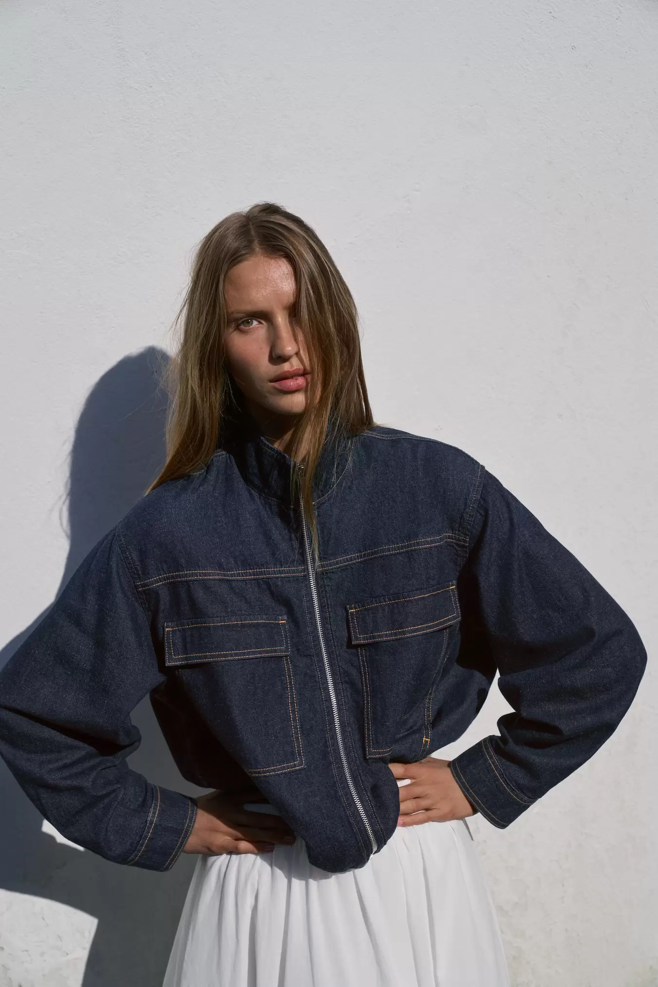 Z1975 BOMBER DENIM JACK MET OPSTAANDE KRAAG