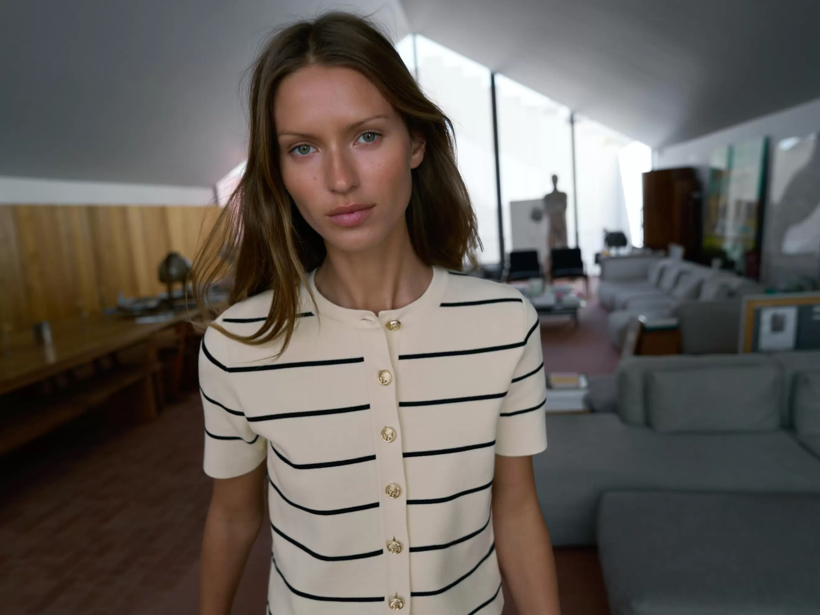 TRICOT VEST KORTE MOUWEN MET STREEPJES