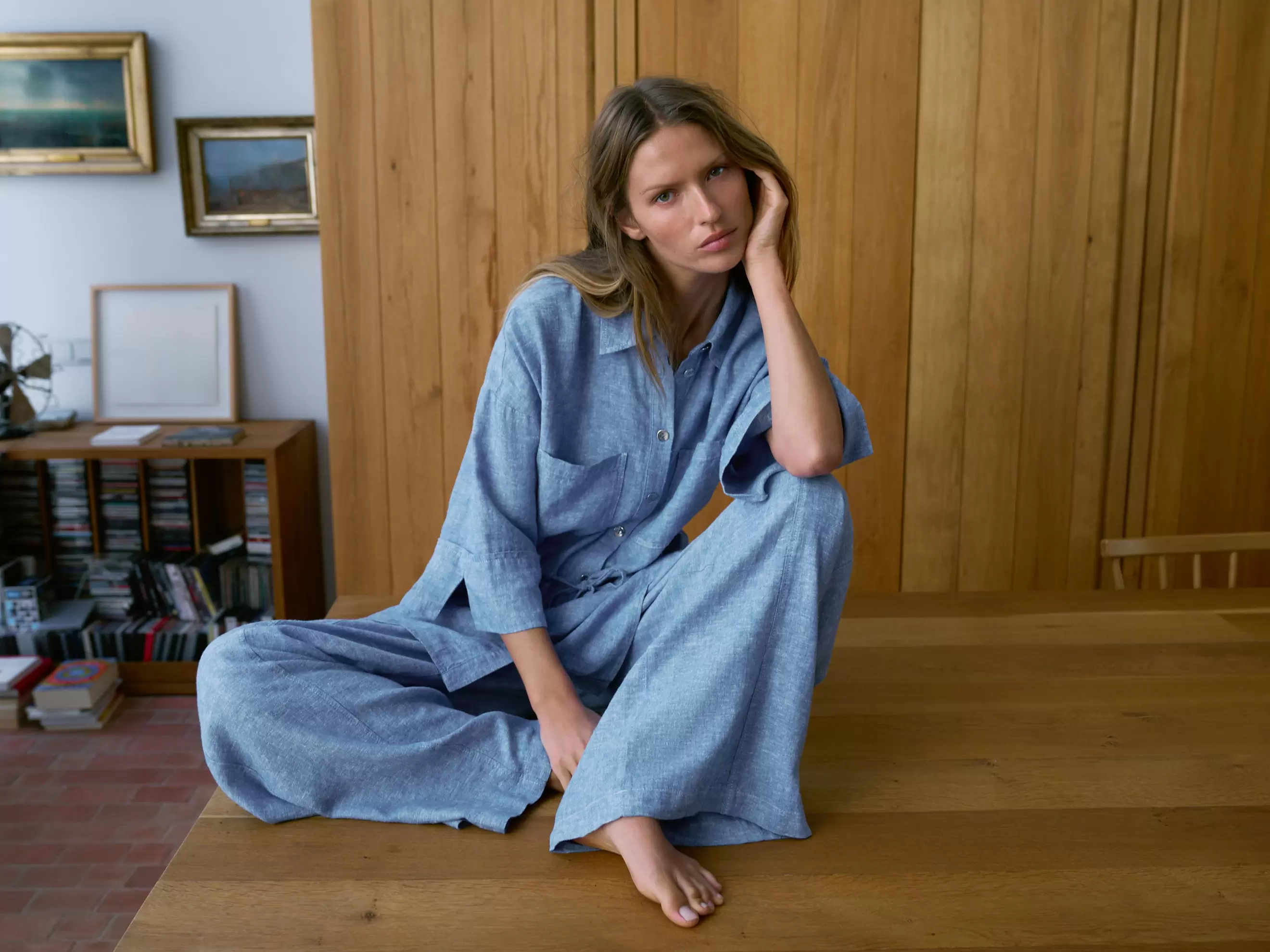 WIJDE BANDPLOOIBROEK MET LINNEN SET