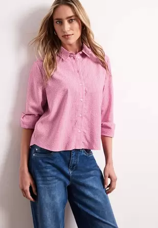 Seersucker blouse met lange mouwen