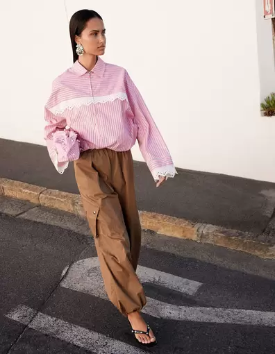 Oversized Kanten Pinstripe Blouse Roze