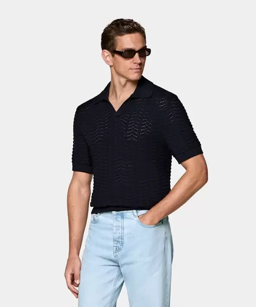 Navy Crochet Buttonless Polo