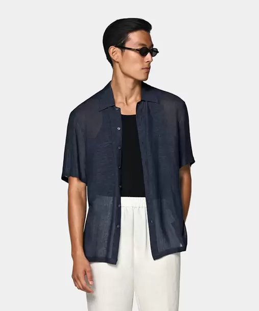 Navy Viscose Linen Short Sleeve Shirt