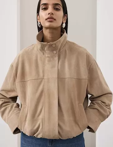 Suède blousonjasje met opstaande kraag