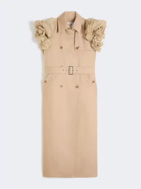 Sleeveless duster coat in linen basketweave with ruffles