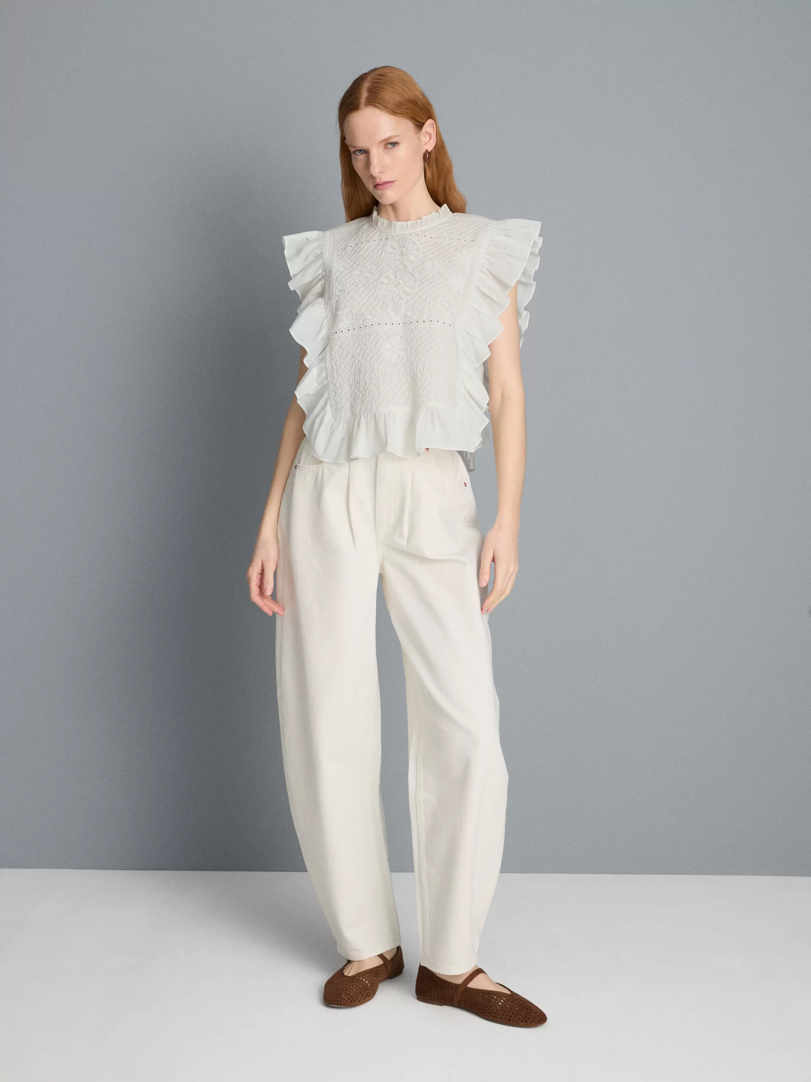 Geweven katoenen top met broderie