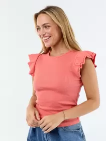 Geribbeld T-shirt met volantmouwen