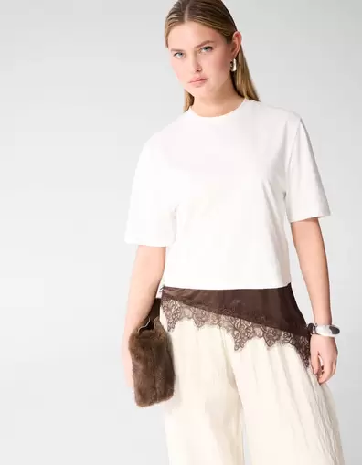 Kanten Satijnen T-shirt Wit