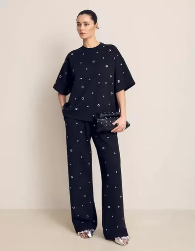 Eyelet Wide Leg Fit Broek Zwart