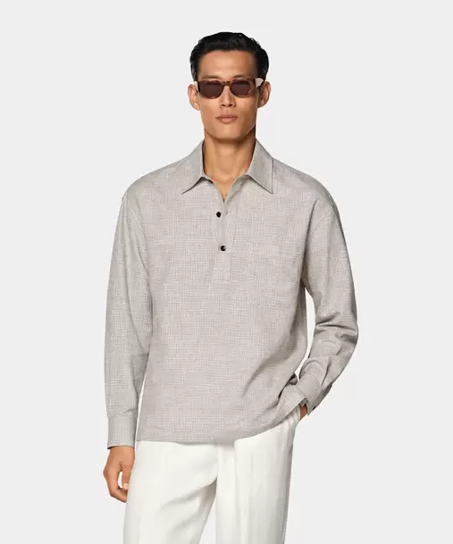 Mid Brown Checked Linen Cotton Blend Popover Shirt
