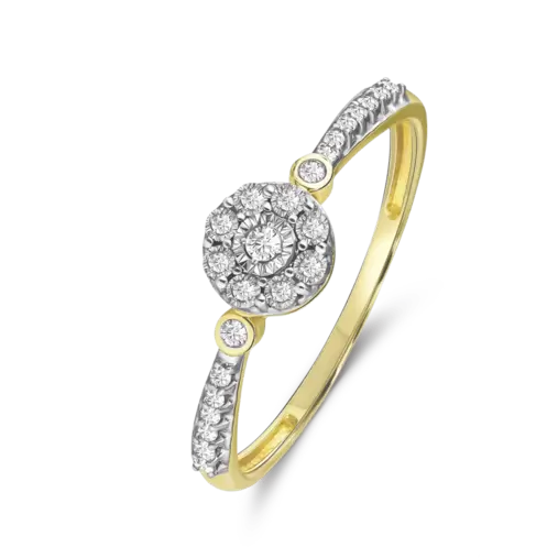 14 karaat geelgouden entourage ring 23 diamanten 0,10ct