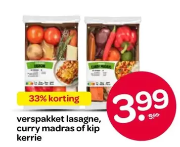 vers pakket lasagne, curry madras of kip kerrie