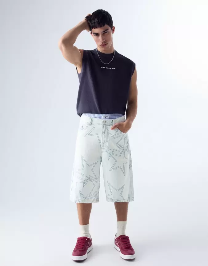 Super baggy denim bermuda met sterren