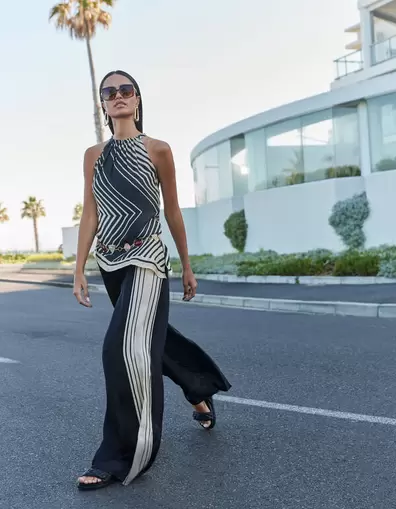 Graphic Wide Leg Broek Zwart/Wit
