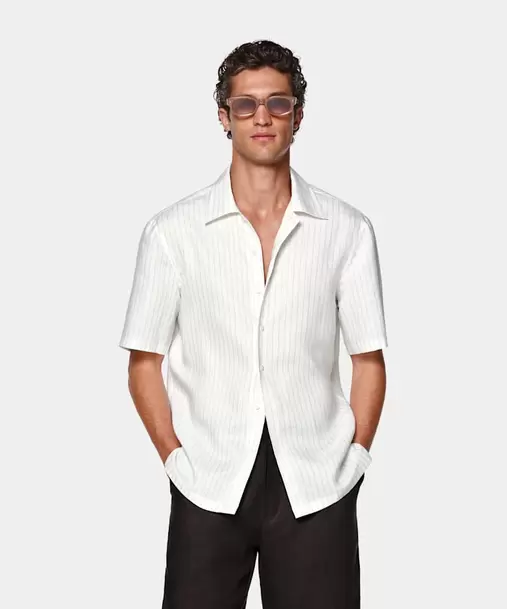 Light Grey Striped Linen Lyocell Short Sleeve Shirt