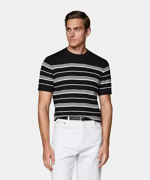 Black Striped Jacquard Short Sleeve Crewneck