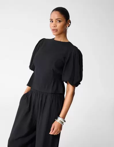 Smock Puff Top Zwart