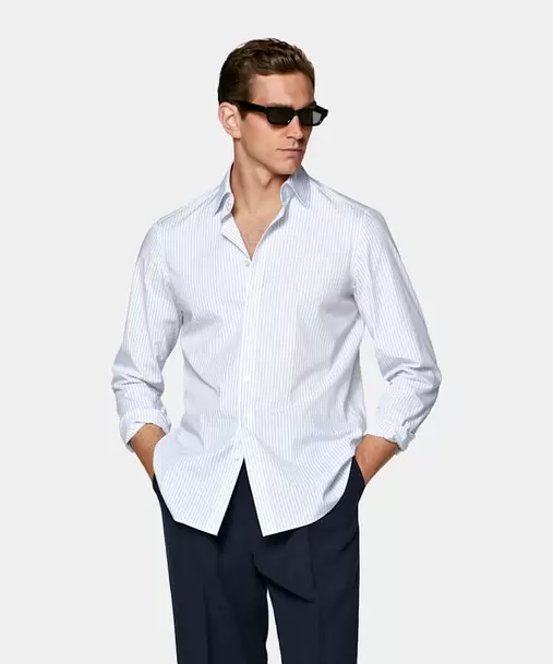 Mid Blue Striped Classic Collar Shirt