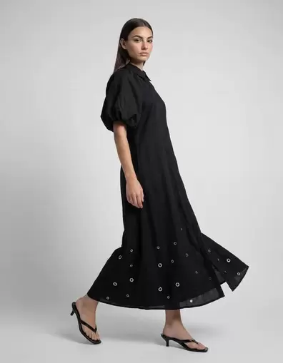 Linnen Eyelet Maxi Jurk Zwart