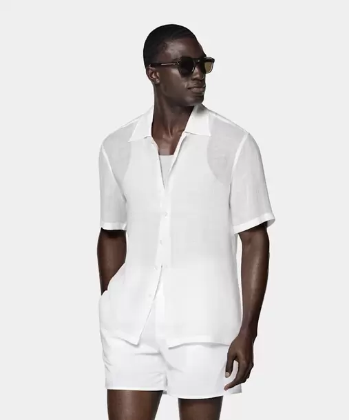 Off-White Viscose Linen Short Sleeve Shirt