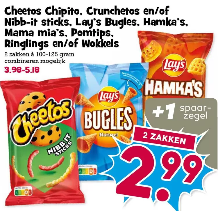 Cheetos - Chipito, Crunchetos en/of Nibb-it sticks, Lay's Bugles, Hamka's, Mama mia's, Pomtips, Ringlingns en/of Wokkels