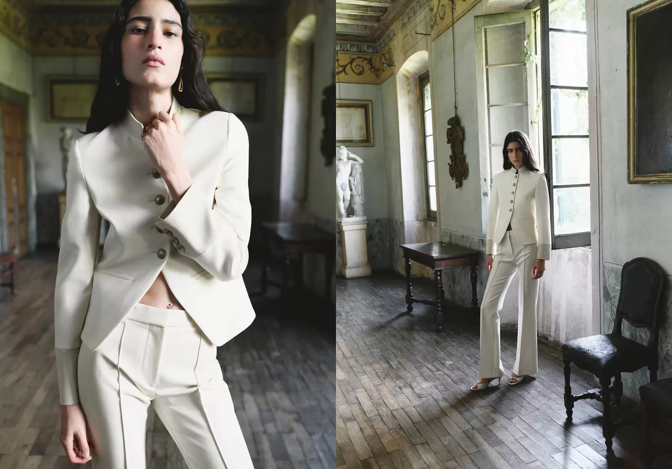 Jacket with jewel-button strip collar