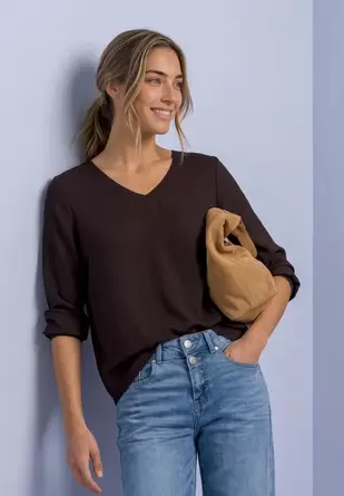 Shirt met lange mouwen, V-hals en mix van texturen