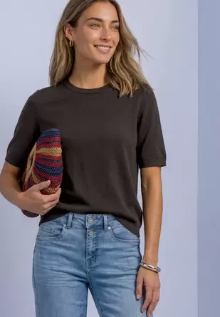 T-shirt met korte mouwen en ronde hals in effen kleur
