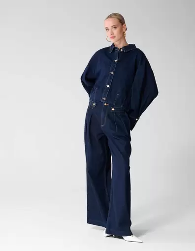 Pleated Button Wide Leg Fit Jeans Donkerblauw