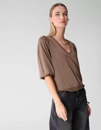 Glitter V-hals Gebreide Trui Taupe