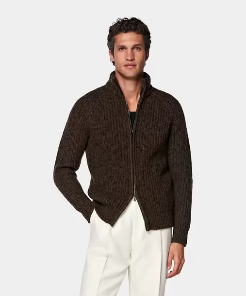 Mid Brown Ribbed Mouliné Zip Cardigan