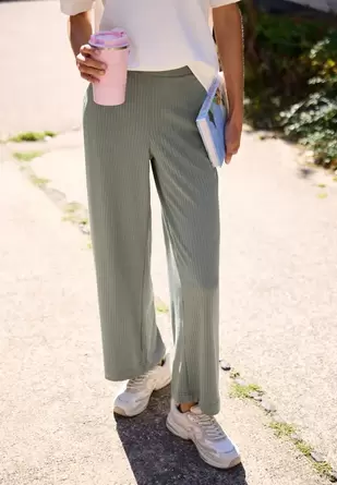 Broek met Wide Leg pijpen en geribbelde structuur