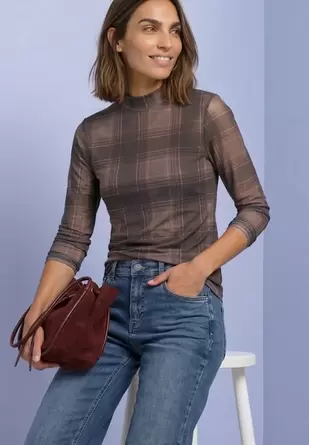 Shirt van mesh met lange mouwen, ronde hals en print