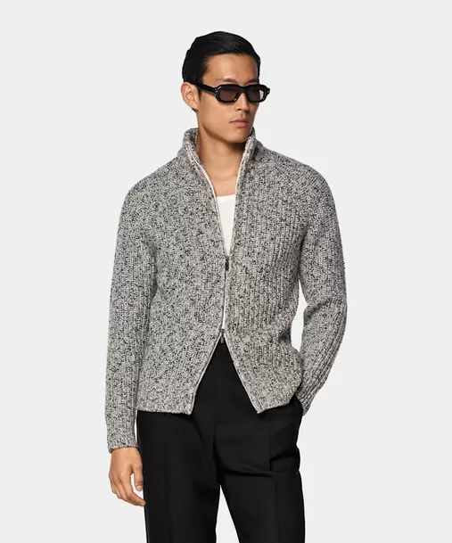 Light Brown Ribbed Mouliné Zip Cardigan