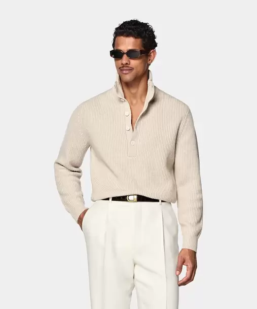 Light Brown Ribbed Long Sleeve Funnel-Neck