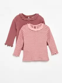 Geribbeld T-shirt met ruches aan de mouwen en kraag