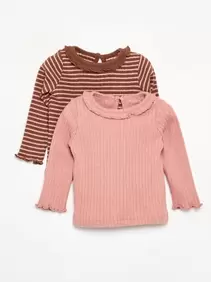 Geribbeld T-shirt met ruches aan de mouwen en kraag