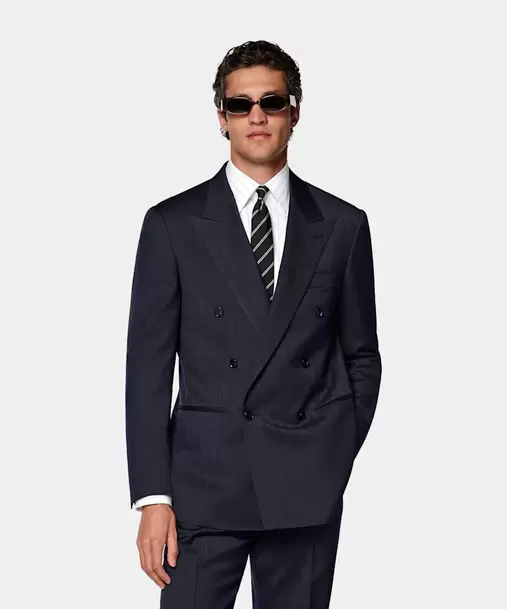 Navy Herringbone Relaxed Fit Roma Suit
