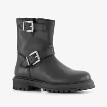 Groot leren meisjes biker boots met gespen zwart