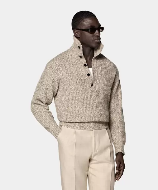Light Brown Ribbed Mouliné Long Sleeve Funnel-Neck