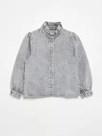 Denimblouse met opstaande rucheskraag
