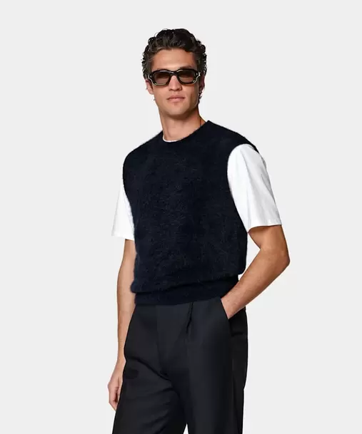 Navy Shaggy Sleeveless Crewneck